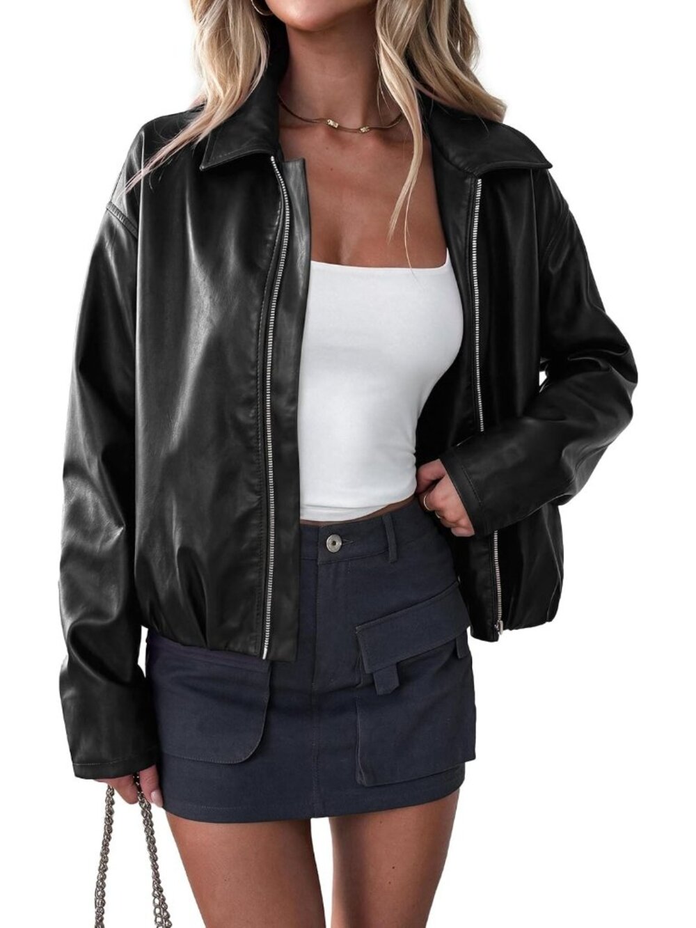 Women's Black Faux Leather Motorcycle Casual Long Sleeve Cropped Jackets